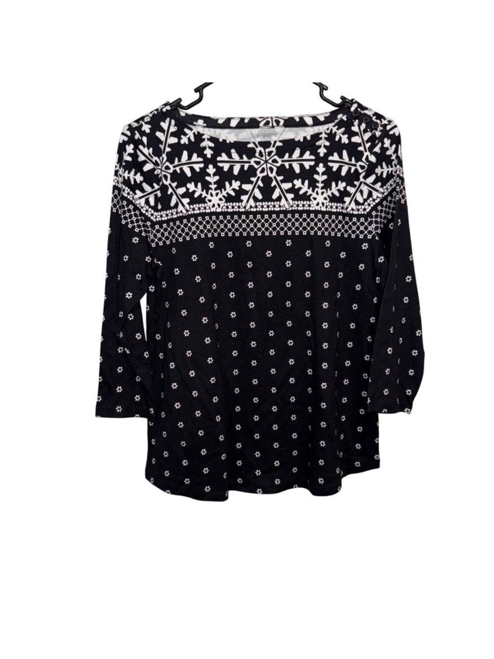 NWT Charter Club Petite Black & White Snowflake Print 3/4 Sleeve Top
